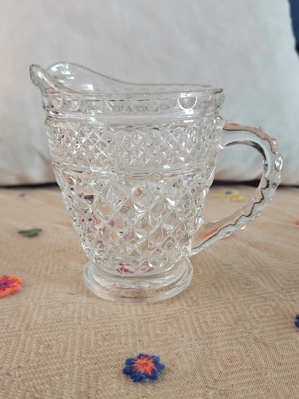 Pressed Glass Creamer Pitcher - Clear Diamond Pattern